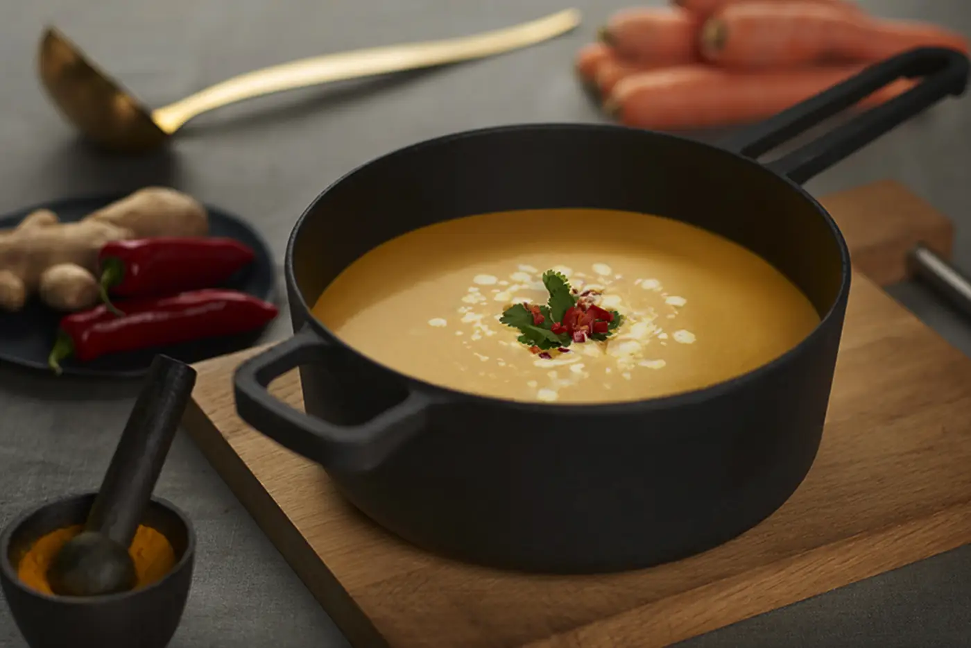 Butternut soup in a cast iron pan, food photography